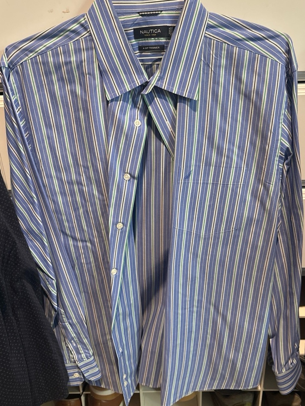 Nautica Men's Blue and Green Multi-Stripe Dress Shirt